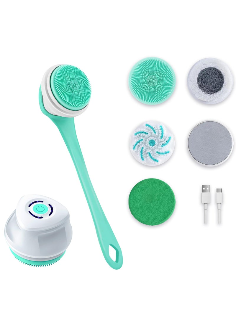 Bukela Electric Back Scrubber with Five Body Brush Head, Rechargeable ; Detachable Long Handle Back Brush (Green) - Image 1